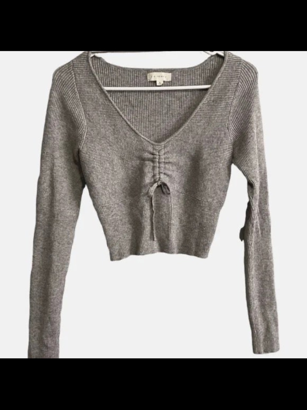Women's Gray Ribbed V-Neck Cropped Sweater with Drawstring